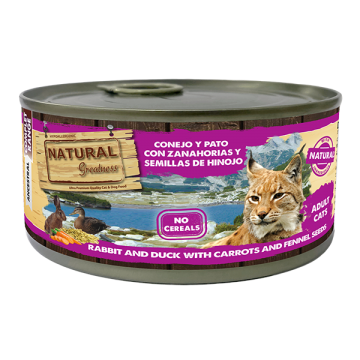 Natural Greatness Gato Lata Complet Coelho e pato com cenouras e sementes de funcho: