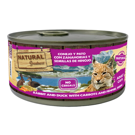 Natural Greatness Gato Lata Complet Coelho e pato com cenouras e sementes de funcho: