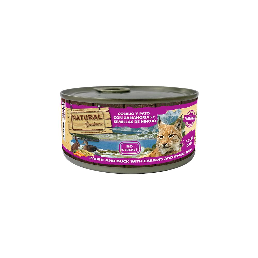Natural Greatness Gato Lata Complet Coelho e pato com cenouras e sementes de funcho: